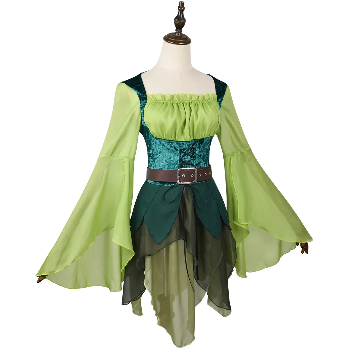 

Medieval Women's Green Magic Elf Dress Halloween Role Play Costumes Stage Performance Cos Costumes Set With Leather Belt New