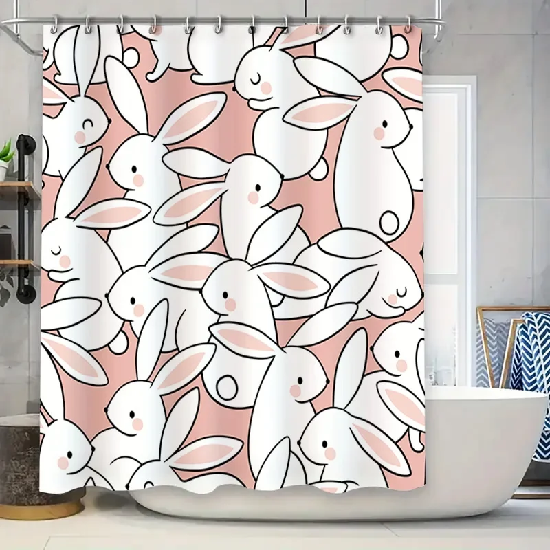 

Очаровательная занавеска для душа с белыми кроликами, розовая пастельная настенная занавеска для ванных комнат дома или общежития, удлиненный размер 72x84 дюймов