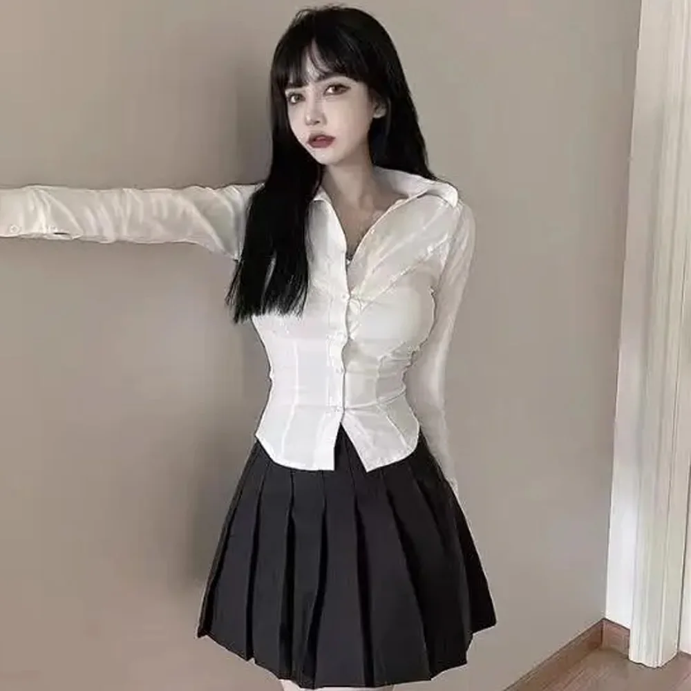 Design Japan Hot Girl Women School JK Class Uniform Blouse College Style Long Sleeves Slim Bandage Female Shirt White Black