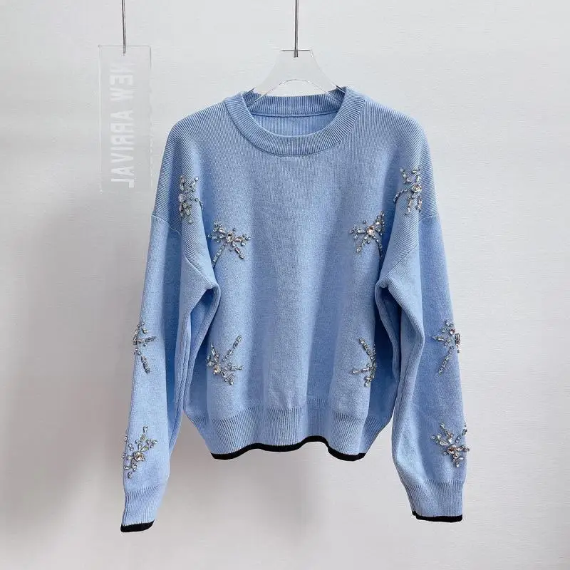 Brand Fashion Diamonds Beading Warm Thick Women Pullovers Sweaters Oversized Knitwear Long Sleeve Tops 2024 Spring