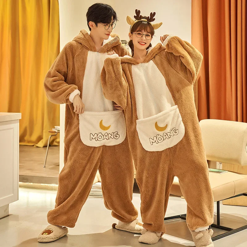 Winter couple pajamas jumpsuits women men coral fleece sleepwear onesie cartoon rabbit Korean warm thicken pyjamas lover pigiama