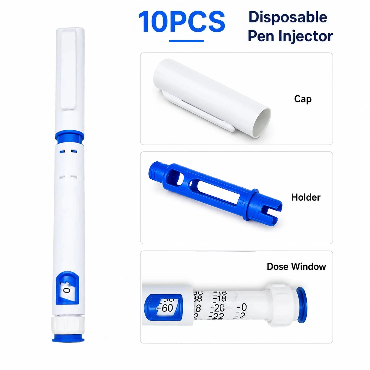 10Pcs Set Royal Blue 60IU Disposable Injection Pen, Adjustable Dose Diabetes Peptide Pen with 3ml Cartridge and 31G 32G Needle