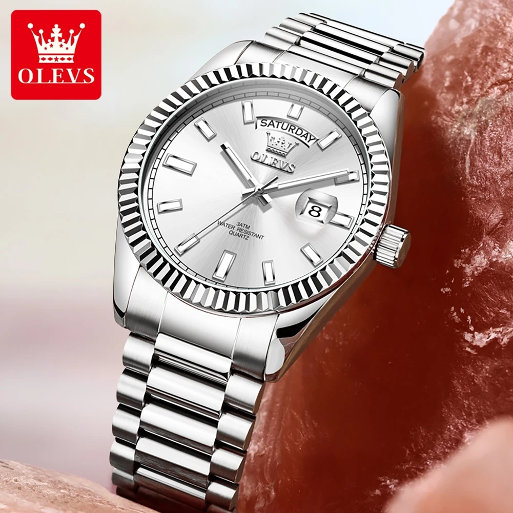 OLEVS ساعات رجالية جديدة تقويم من الفولاذ المقاوم للصدأ مقاوم للماء ساعة رجالية مضيئة أنيقة فاخرة ساعة كوارتز أصلية للرجال 5650