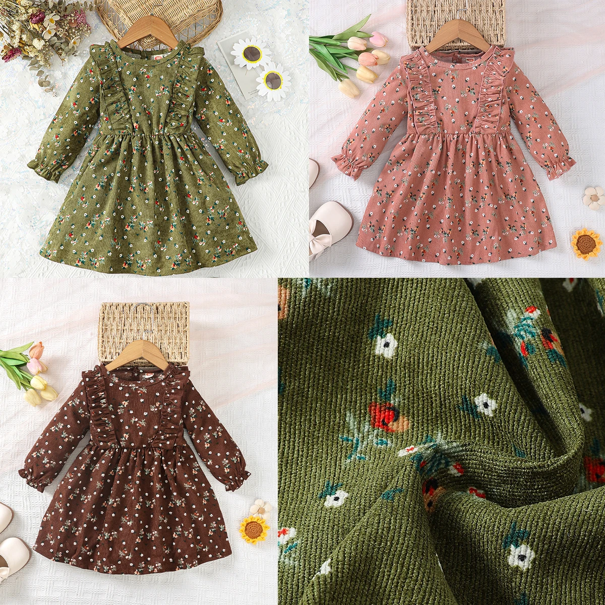 Kid Toddler Girls Dress Floral Print Button Front Ruffle Long Sleeve Corduroy Dress One Piece Casual Dress For Fall Green