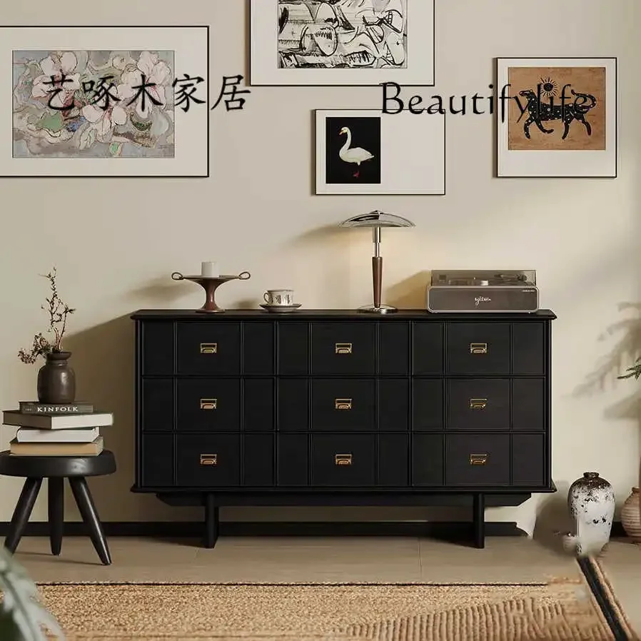 X French Retro Geometric Nine-bucket Cabinet, Antique Chest Cabinet, All Solid Wood Retro Simple Ash Wood Dining Side Cabinet