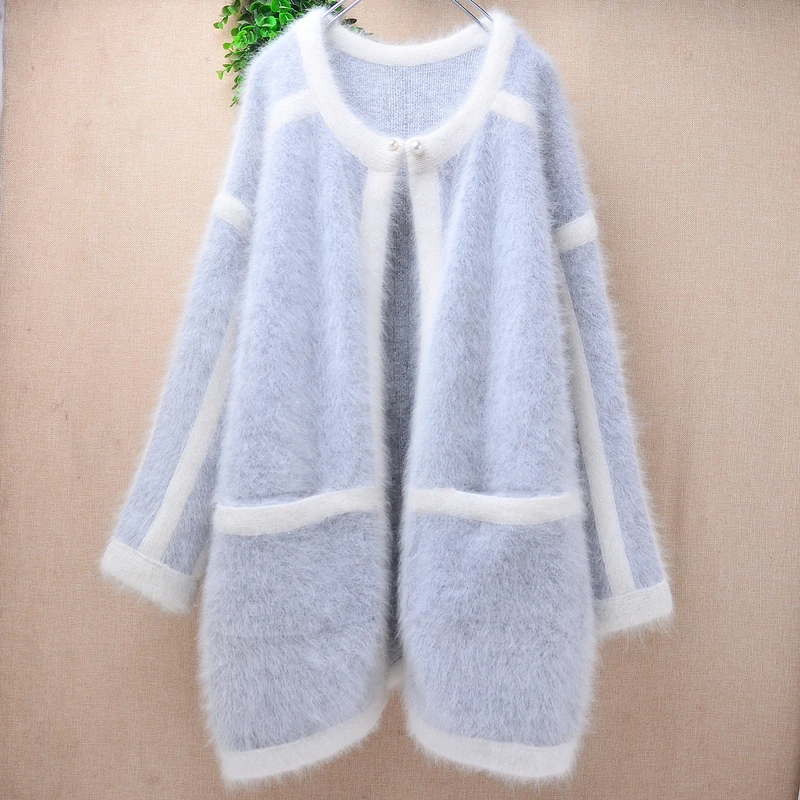

Women Mujer Autumn Winter Thick Warm Hairy Mink Cashmere Knitted Grey Long Sleeves Loose Caridgans Angora Sweater Coat Jacket