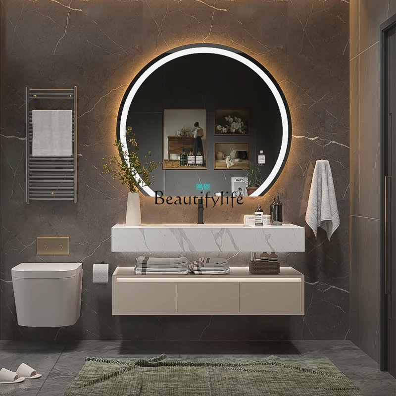 88.-Bathroom Cabinet Slate Integrated Basin Light Luxury Cream Wind Solid Wood Toilet Wash