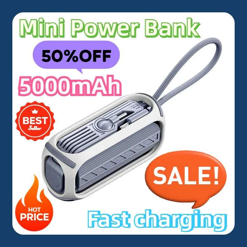 

Fast Charger Portable Small Powerbank for IPhone Samsung Mini Power Bank with Cable PD20W Type-C External Spare Battery 5000mAh