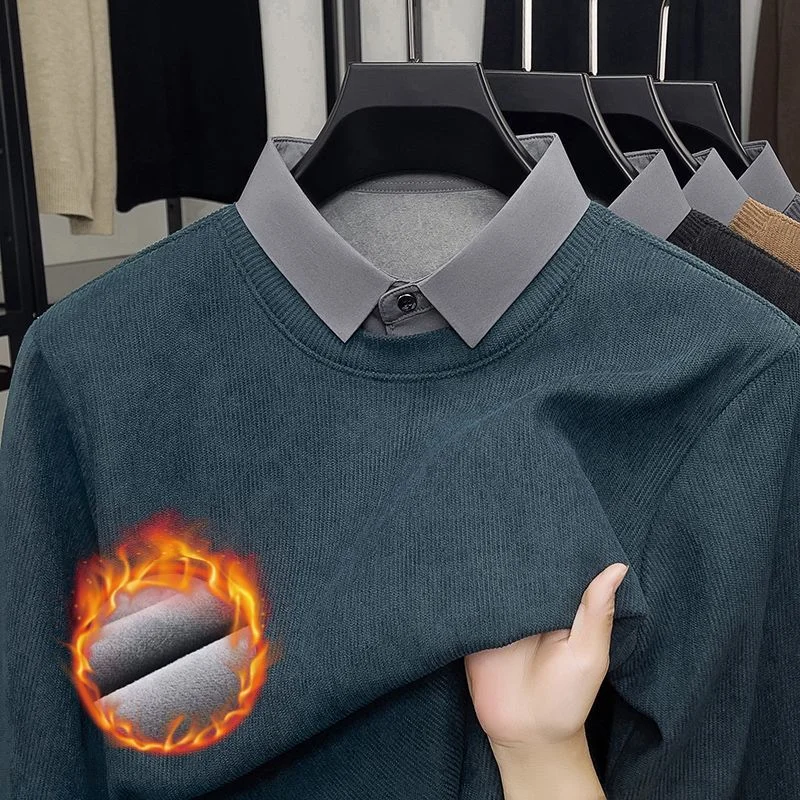 2025 New Autumn Winter Fake Two-piece Men's Long-sleeved T-shirts Plus Velvet Thickened Solid Simple Bottoming Shirt Tops
