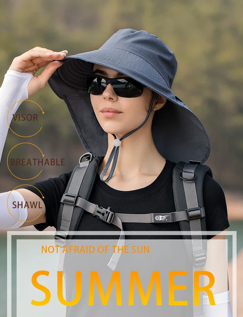 Sommerhut für Damen, Outdoor UV-Schutz für den Hals, Sonnenblende für Herren, Angeln, Wandern, breite Krempe, Schal, Sonnenschutz, Pferdeschwanzkappe, undefiniert – Detail 1