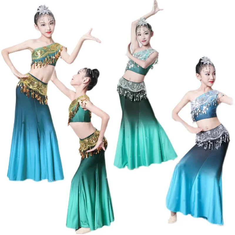 Traditional Folk Chinese Peacock Dance Dress Girls Hmong Festival Outfit Dai Dance Costume Fish Tail Leotard Girl Dancewear