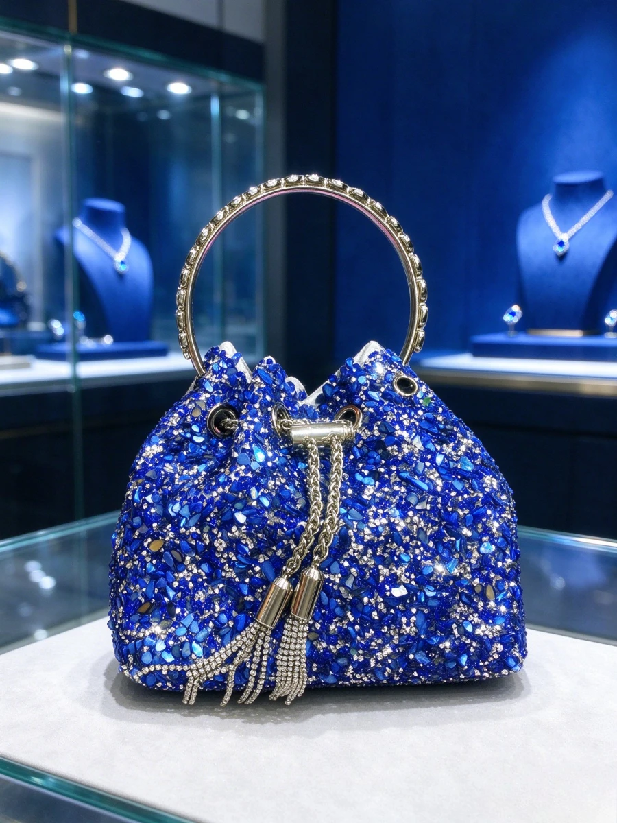 Women Royal Blue Crushed Rhinestone Bucket Evening Bag, Elegant Crystal Ring Handle Handbag With Tassel Chain For Mature Ladies