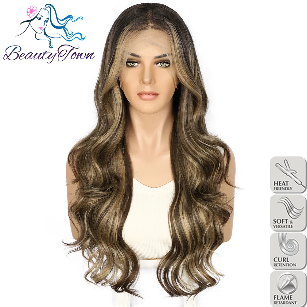 Perruque Lace Front Wig Synthétique Body Wave, Highlight, Swiss Transparent, Body Wave, Full Cosplay, 03/Wear, Brun, Automne, 13x4