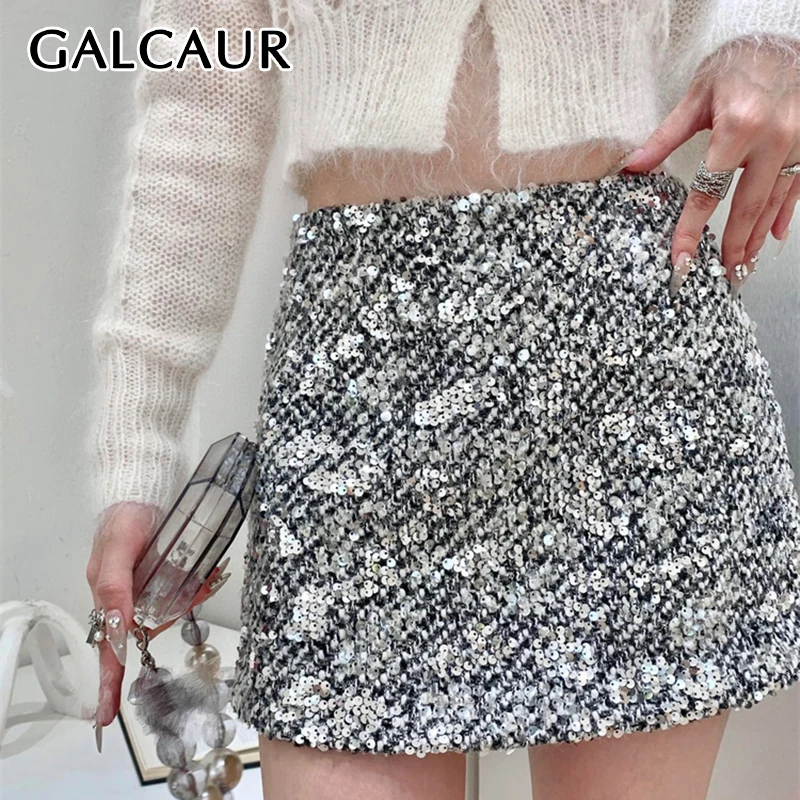 

GALCAUR Korean Invisible Zipper Mini Skirt Women High Waist Patchwork Sequnied Slimming Autumn Skirts Female Fashion Clothes New