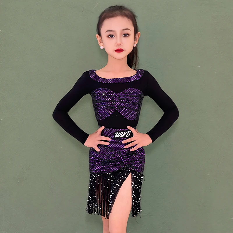 

Latin Dance Clothes Girls Performance Clothing Black Purple Glitter Latin Outfit Long Sleeve Dance Suit Fringe Skirt VDL4302