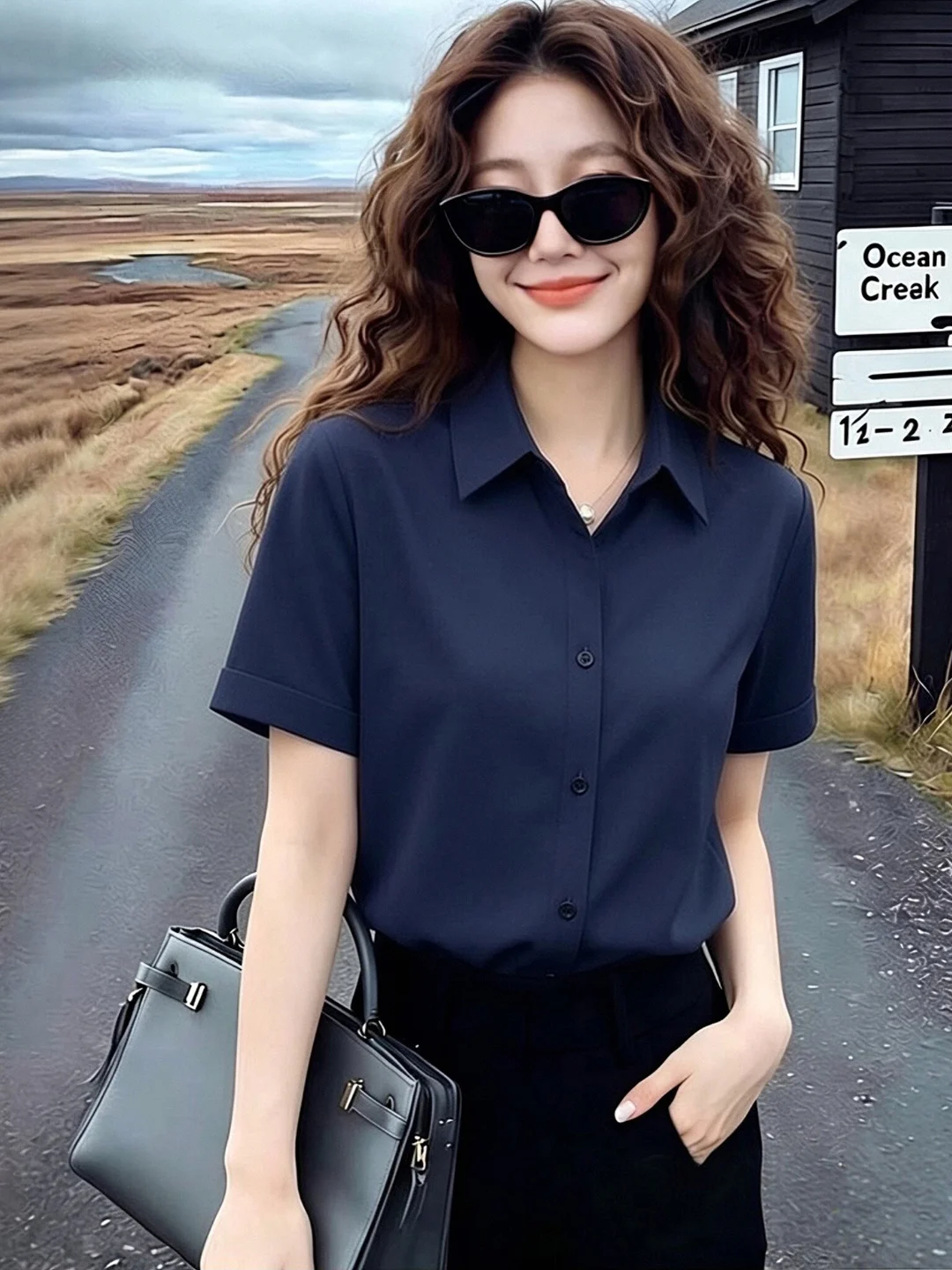 Loose Korean Style Women's Shirt Summer Lightweight Loose Fit Short Sleeve Roll up Hem Chiffon Top Versatile Business Casual