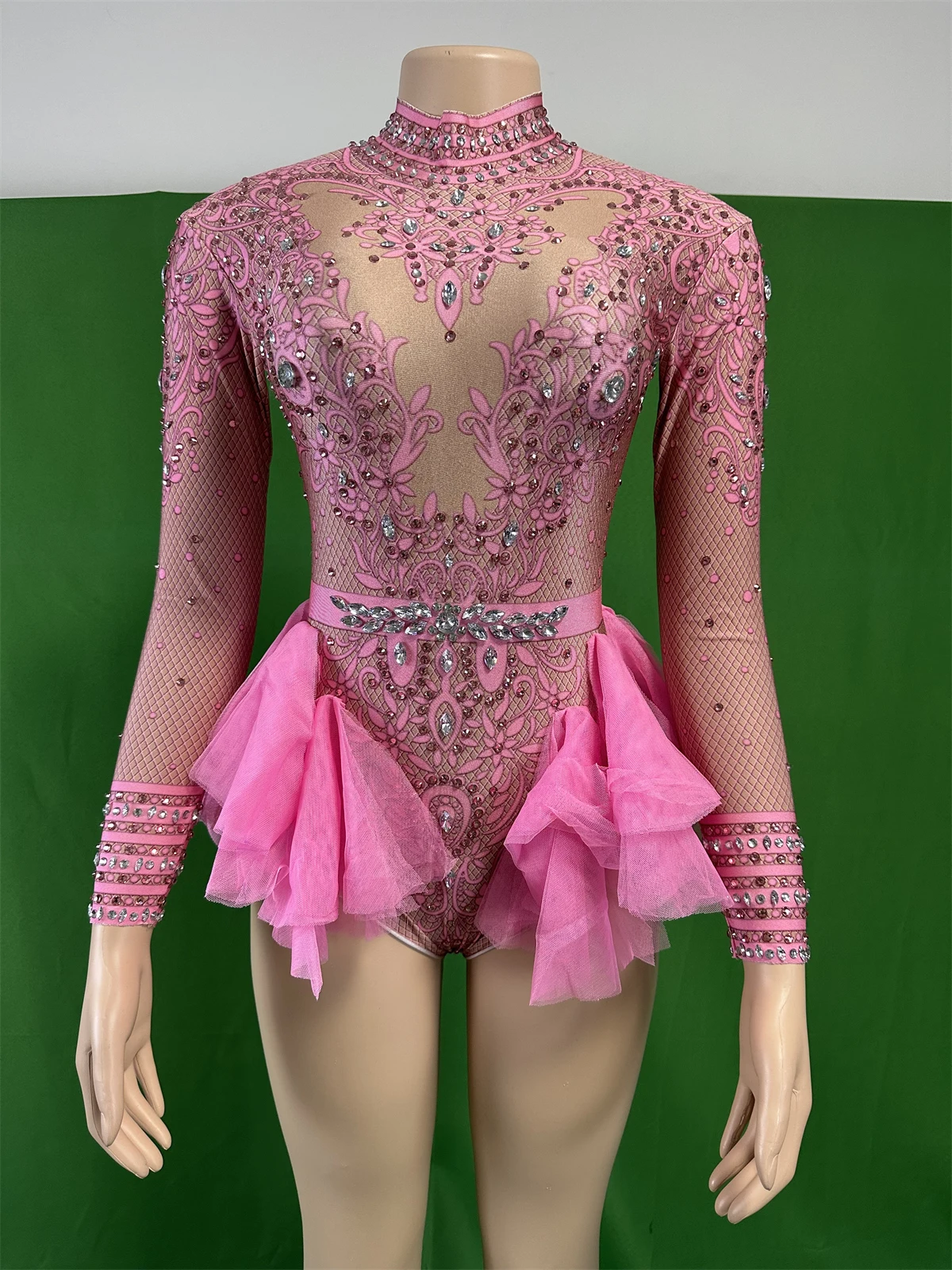 

Women Pink Rhinestone Ruffle Mesh Design Bodysuits Stretch Fabric Dance Team Cheerleader Leotard Pole Night Club Stage Wear