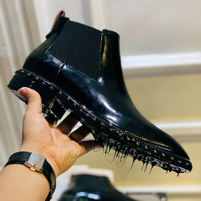 JINIWU 2026 Autumn Winter Melted Chelsea Boots, Rivet Dissolved Pointed Toe Men Boots, Cowhide Cheese Shoes Ankle Boots