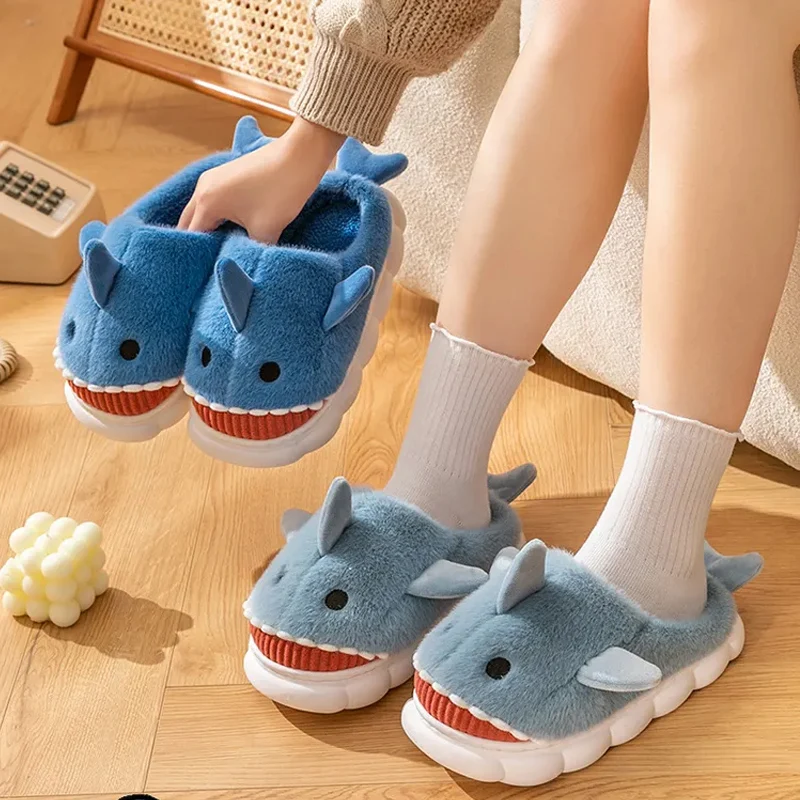 New Design Funny Cute Stuffed Shark Indoor Home Shoes Winter Warm Plush Kids Shark Home Slippers Thickened Non-slip