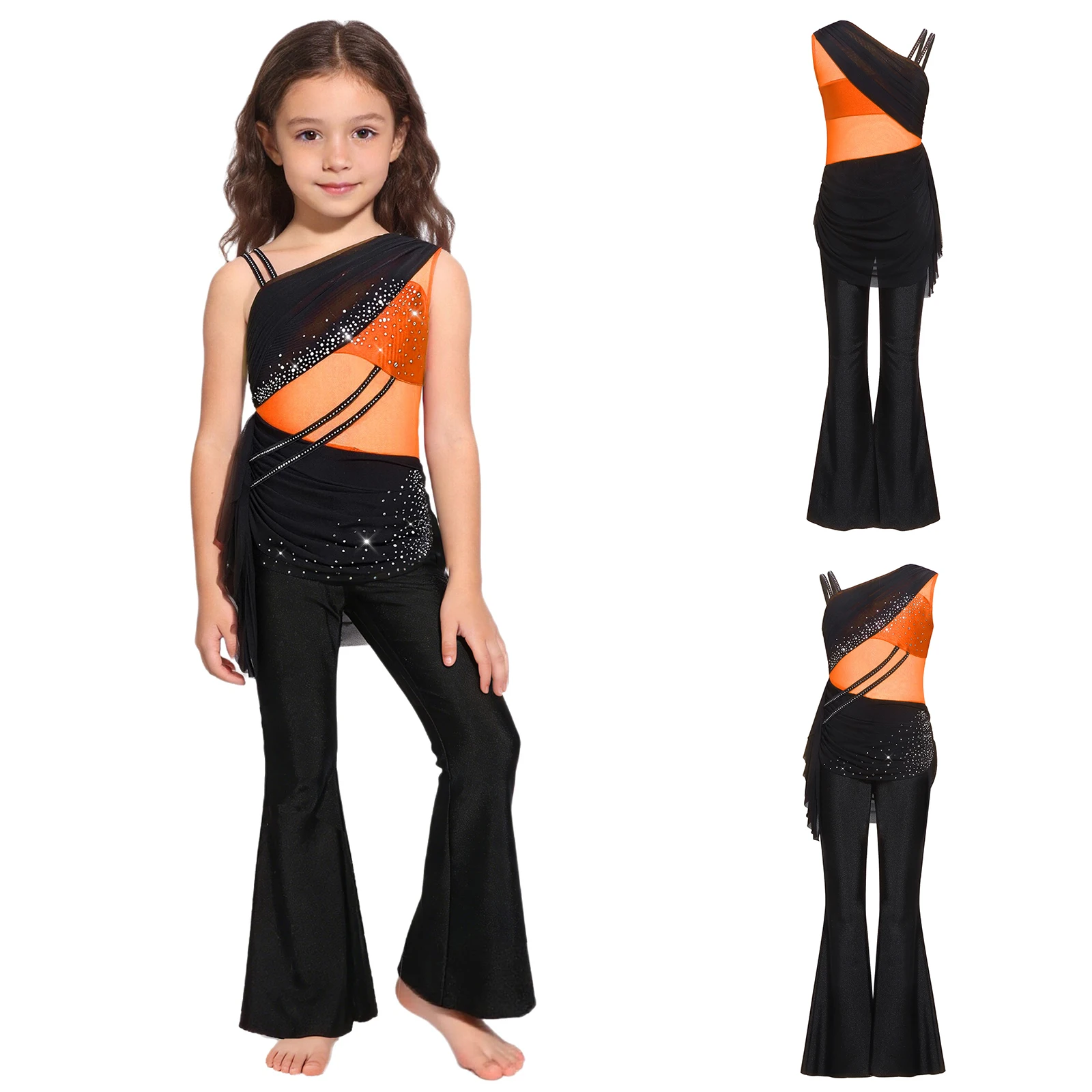 Kids Girls Latin Lyrical Dance Jumpsuit Figure Skating Gymnastics Acrobatics Jazz Costume Shiny Rhinestones Mesh Flared Bodysuit