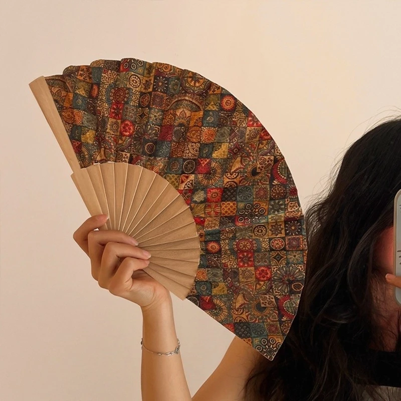 Portable Bohemian Style Cork Folding Fan Graft Gift Home Decor Hand Held Fan Props Wooden Folding Fan