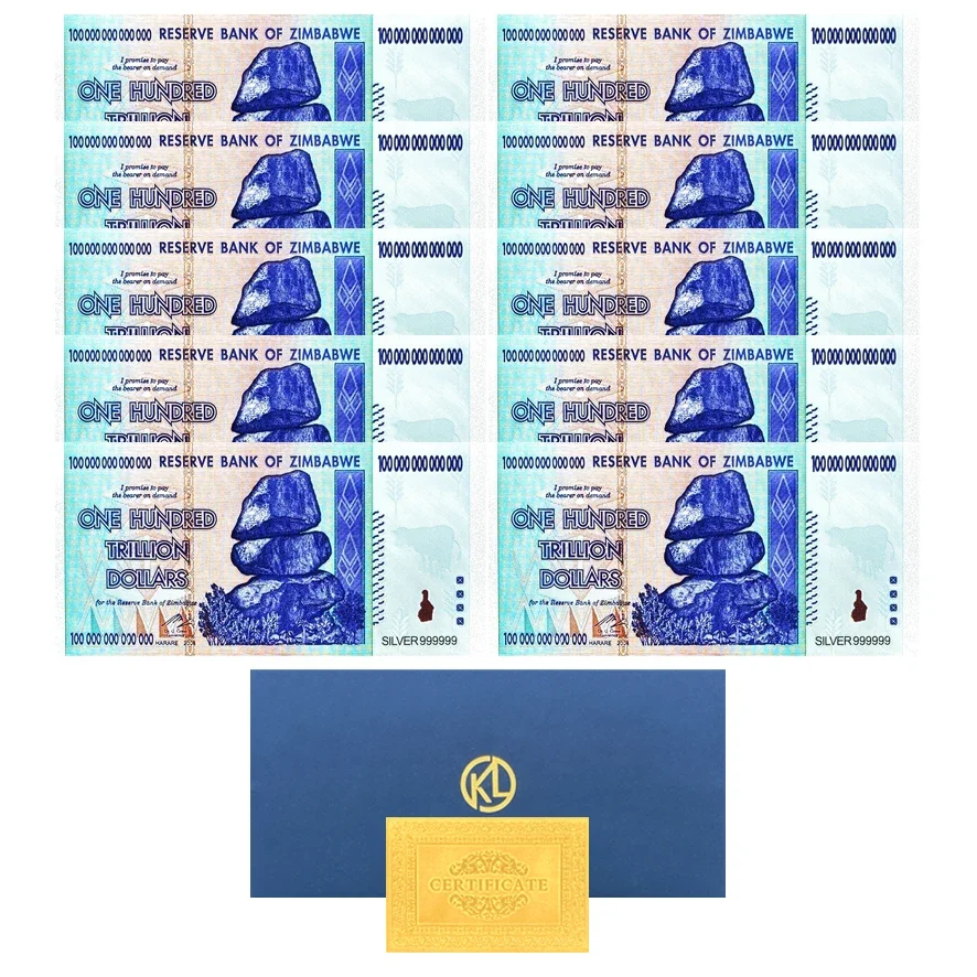 

10Pcs Silver Foil Zimbabwe 100 Trillion Dollars, Uncirculated, Collection Banknote Commemorative Bills Home Decoration