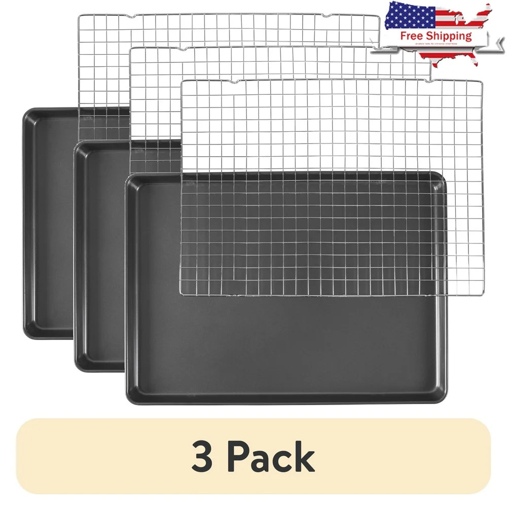 

3 Pack Non-Stick Bakeware Set Cookie Sheet 21x15 Cooling Rack Durable Carbon Steel Oven Safe Heat Distribution Easy Release