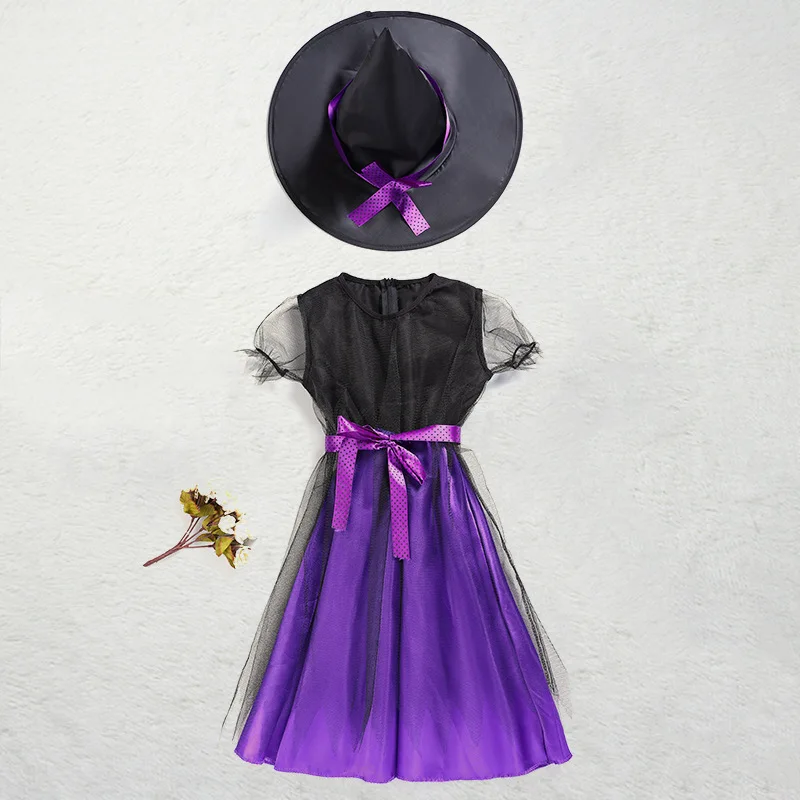 1-12 Yrs Witch Costume Knee Length Halloween Dress up Girls Evil Hag Cosplay Outfit Wizard Disguise Toddler All Saint's Day Robe