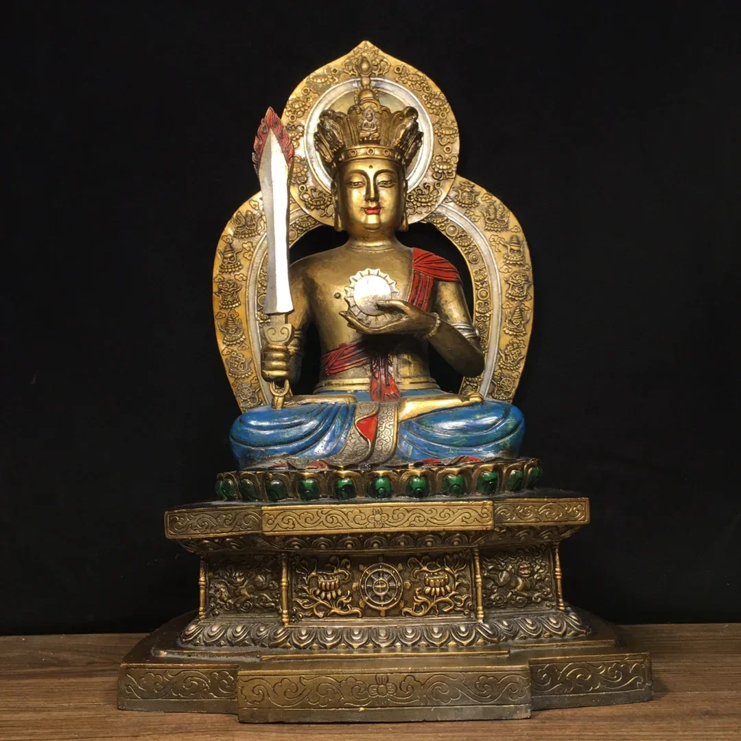 

15"Tibetan Temple Collection Old Bronze Painted Akashagarbha Bodhisattva Lotus Buddha Platform Worship Hall Town house