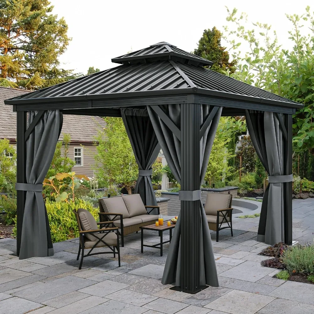 

10x10 ft Hardtop Gazebo Gazebos for outdoor, Gazebo with metal roof Stripe Roof , pergola with Nettings and Curtains