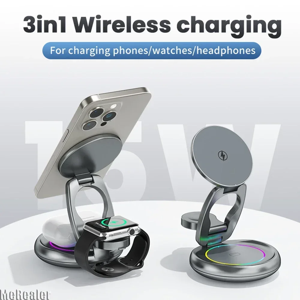 新しいポータブル3in1折りたたみ式ミニワイヤレス充電器-iphone、apple-watch、イヤホン対応-グレー-ワイヤレス充電メタルブラケット