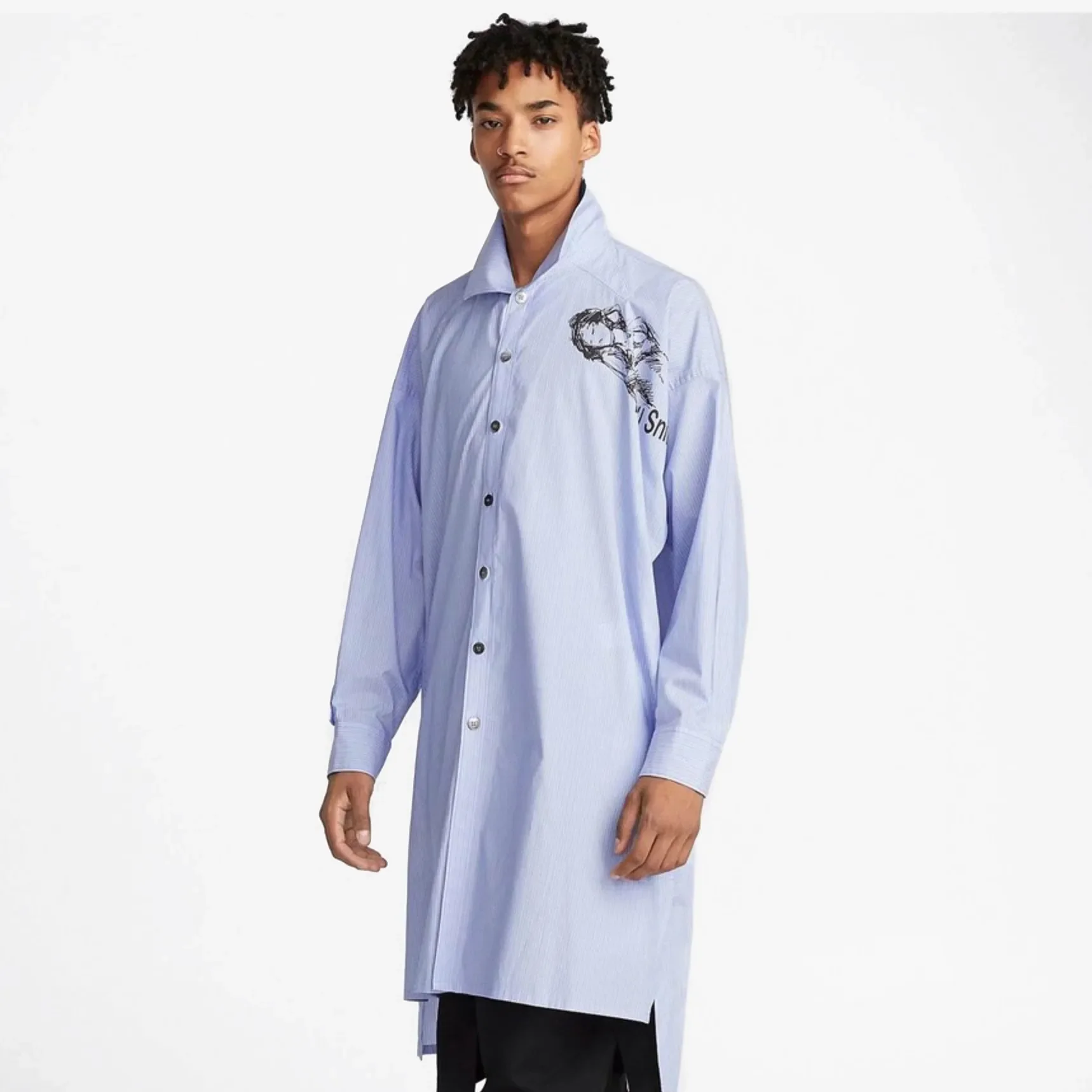 

Рубашка YOJI OOAK OVERSIZED с сине-белыми полосками, хлопковая поплиновая рубашка с принтом эскизов, из тонкого хлопка