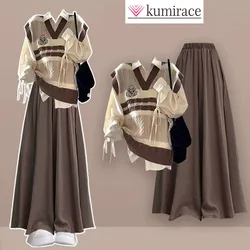 2024 Autumn/Winter New Korean College Style Knitted Vest Shirt Two Piece Set Loose Pants Skirt Three Piece SetWomen's Skirt Pant