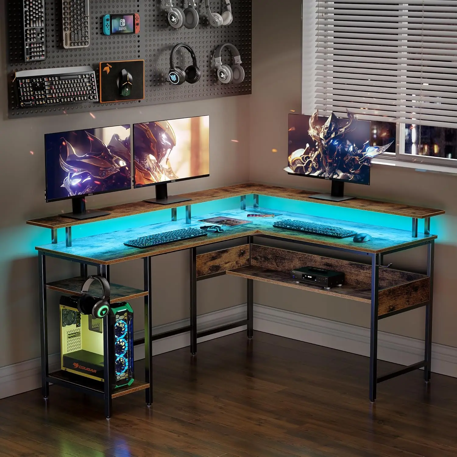 

Computer Desk L Shaped with LED Lights and Power Outlets, Monitor Stand, Home Office Desk with Storage, USB Port and Hook