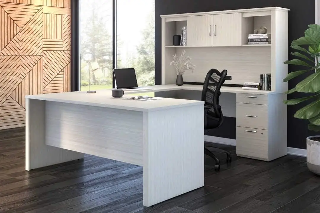 Bestar Logan Escritorio de oficina ejecutiva en forma de U o L de 66 W con pedestal y aparador en chocolate blanco