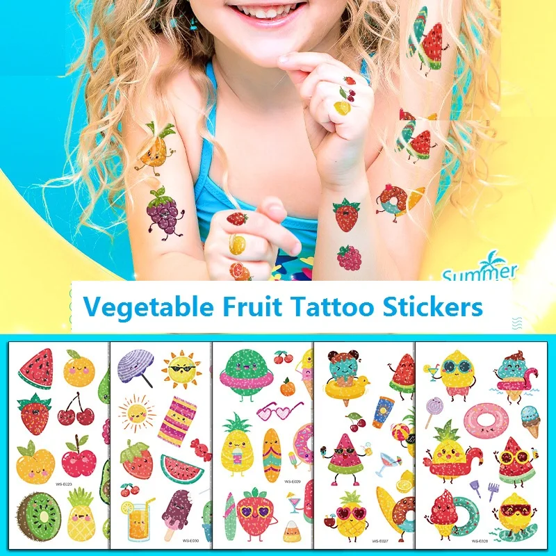 Waterproof Summer Tattoo Stickers, Vegetables and Fruits Tattoo Stickers, Glitter, 10Sheets