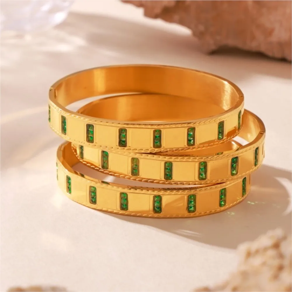 Inlaid Green Glass Stone Bracelet Bangles For Women Stainless Steel 18K Gold Plated No Tarnish Women's Hand Bracelets Bangle