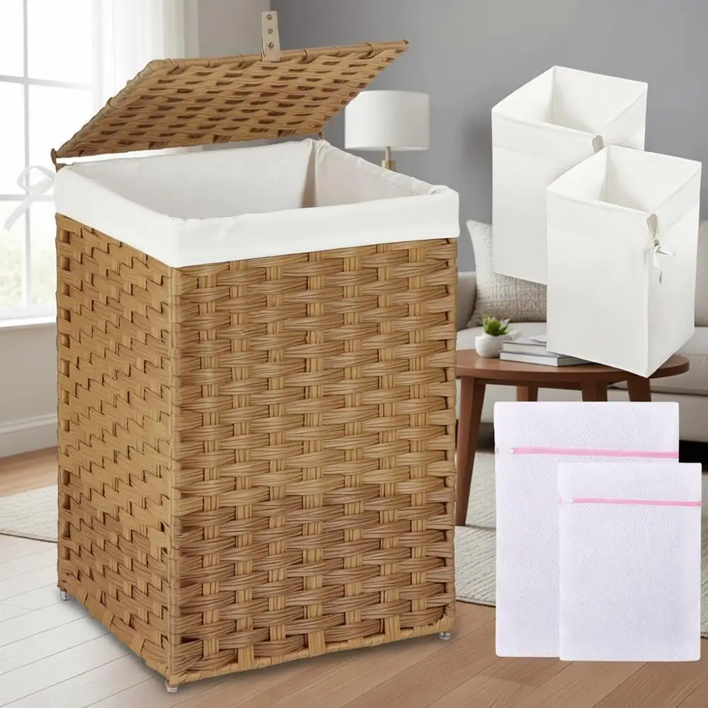 

Плетеная корзина из ротанга на 60 л с 2 съемными вкладышами и 2 сетчатыми мешками для белья, одежды и игрушек – натуральный стиль