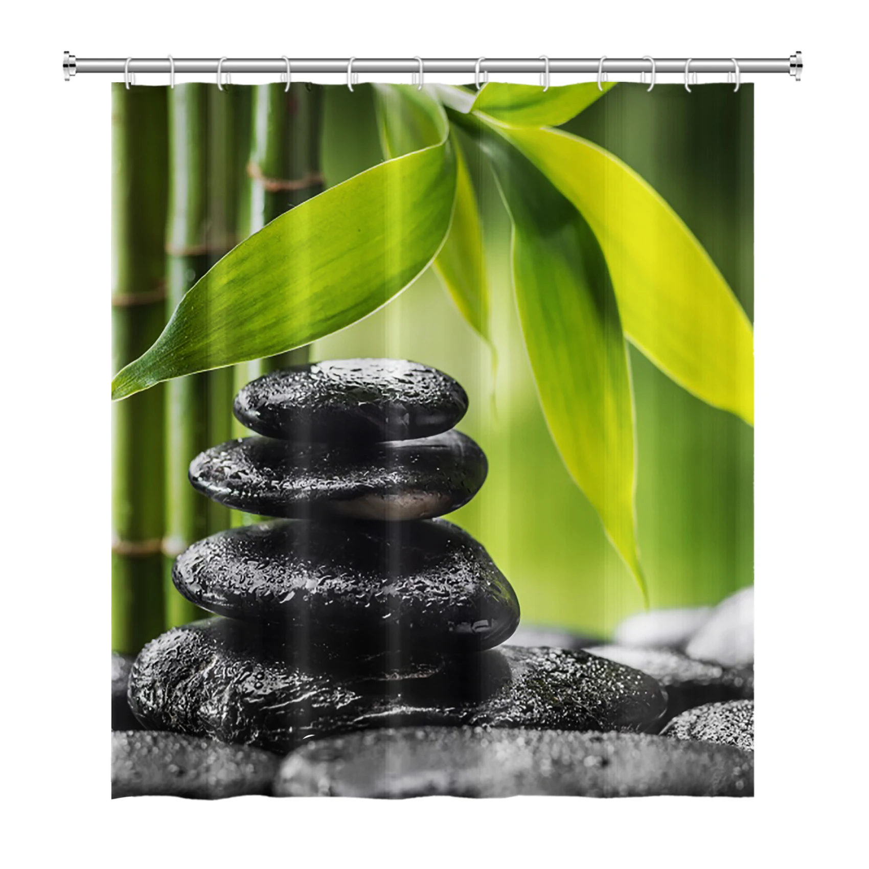 Zen Shower Curtains Spa Lotus Japanese Meditation Basalt Stones Herbal Oil Scent Candles Bamboo Water Home Bathroom Decor Hooks