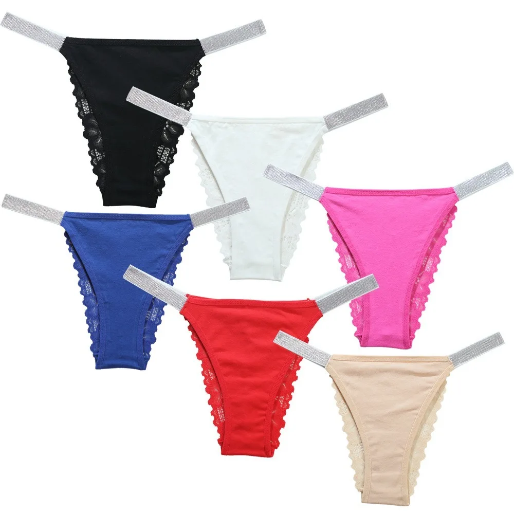 Zoete Holle Kanten Bloem Slipje Sexy Strass Band Lage Taille Thong Ademende Katoenen Kruis Transparante Mesh Slips