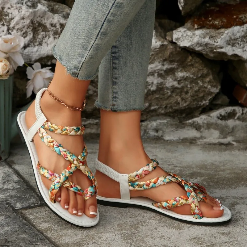 Women's Colorful Braided Thong Sandals – Crisscross Strap Elastic Backless Flat Sandals for Summer Beach Vacation Casual