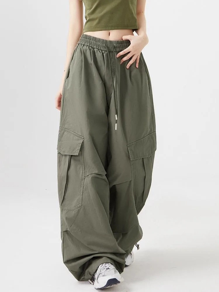 HOUZHOU Vintage Gorpcore Green Cargo Pants Women Japanese Style Y2K Beige Parachute Pants Harajuku Oversize Baggy Sweatpants