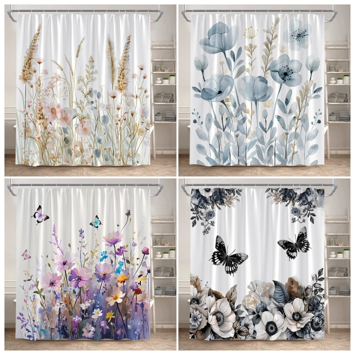 Floral Shower Curtains Watercolour Flowers Butterfly Plant Modern Minimalist Bathroom Curtain Polyester Fabric Home Decoration