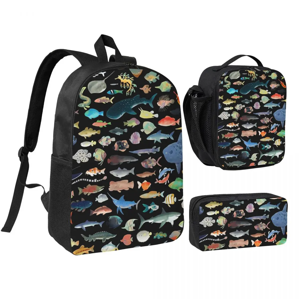 One Hundred Fish Ocean Life Scuba Diving Backpack BookBag School Bag Computer Shoulder Bags 3ps Insulated Lunch Bag Pencil Case