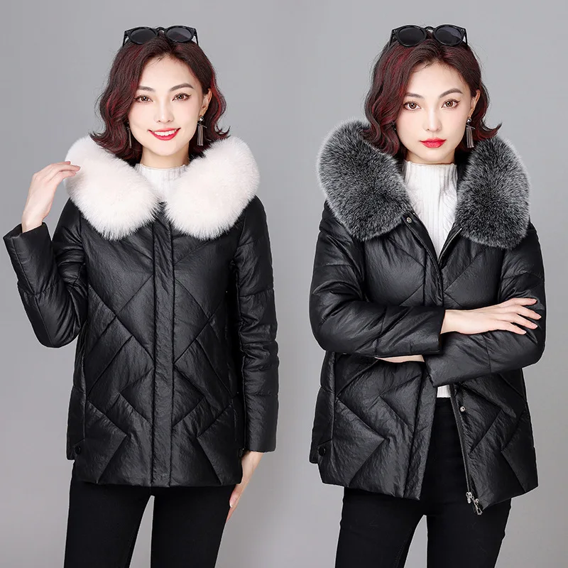 

Short Leather Jacket for Women Winter Thickened White Duck Down Jackets Women's Fox Fur Collar Hooded Coats Jaqueta Feminina CJK