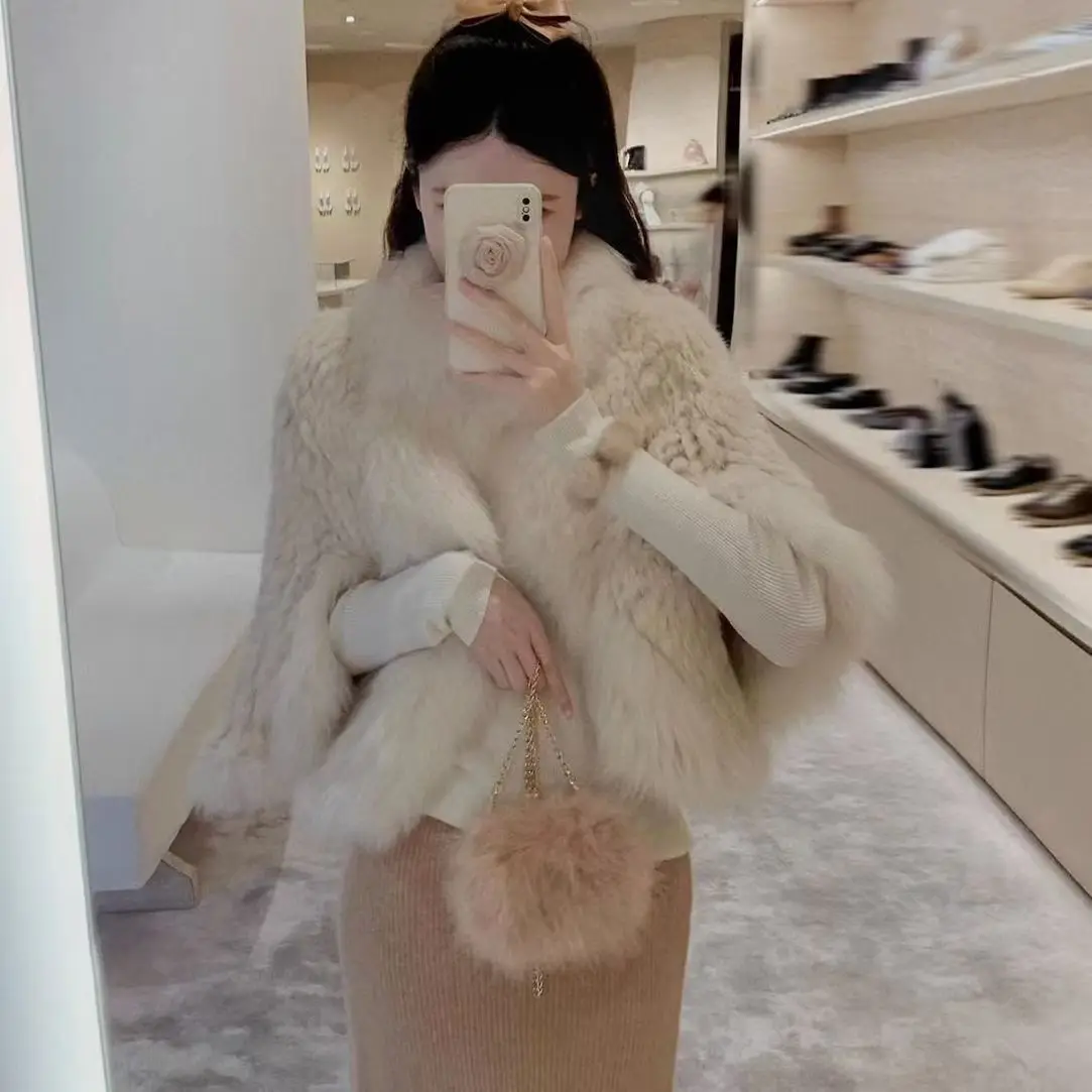 Rabbit Fur Knitted Cape Fox Fur Collar Shawl Autumn Winter Warm Genuine Rabbit Fur Pashmina Women's Rabbit Fur Top Cat Poncho