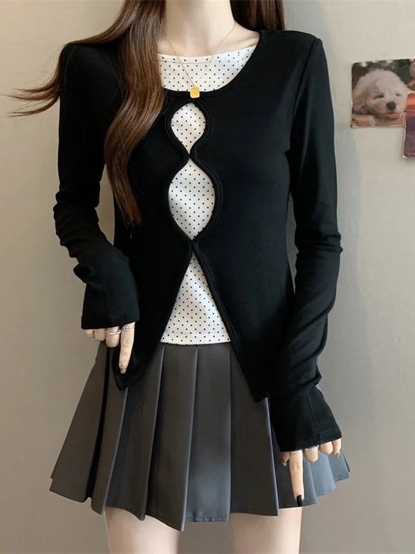 

plus Size Bla Polka Dot Long Sve Knitted T-irt Women's Base irt Belly Cover Slimming Design Casual Sle Top