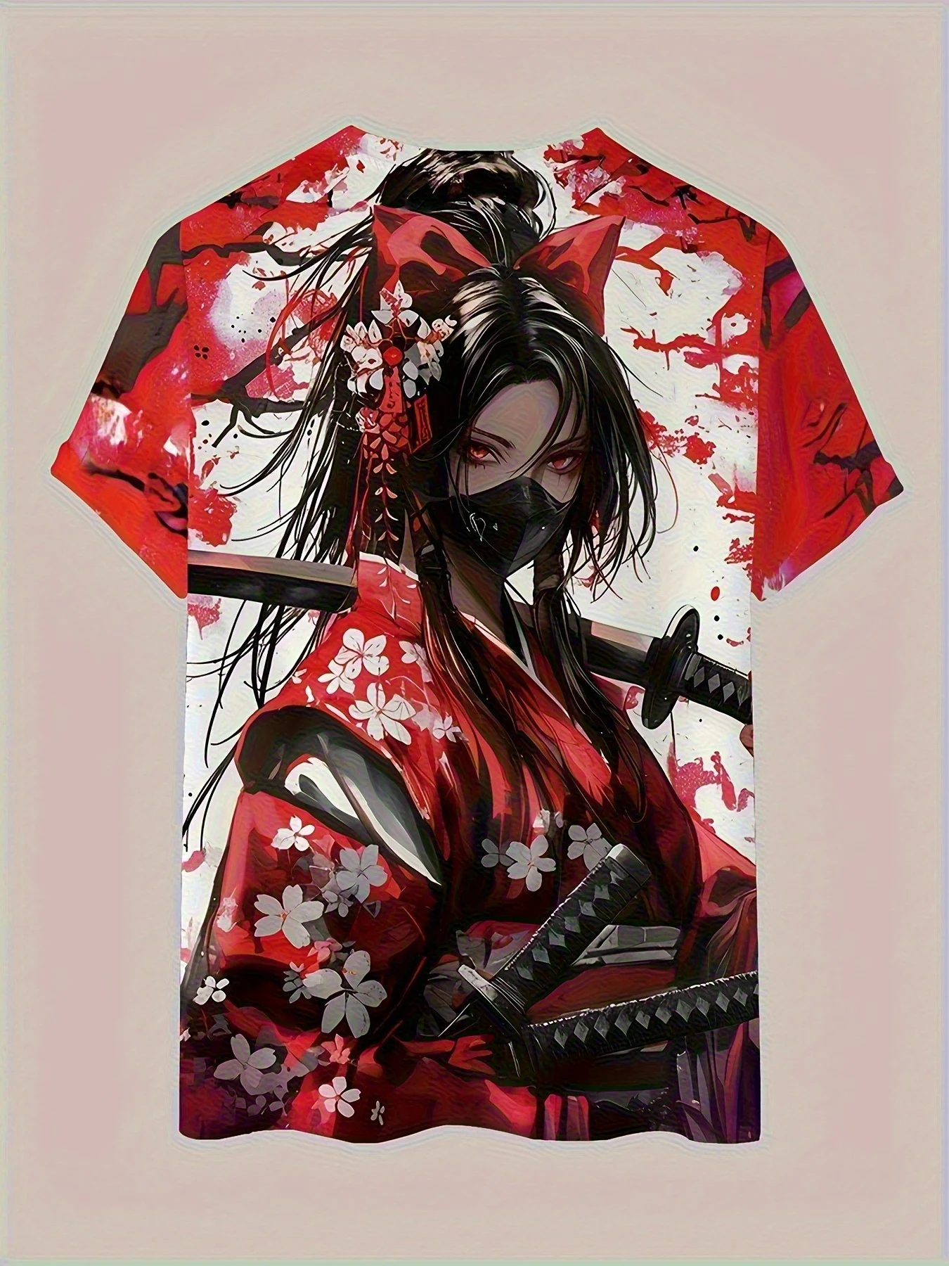 Men's Anime Onna-musha Samurai T-Shirt, Ukiyo-e Cherry Blossom Katana Print, Breathable Quick Dry Tee for Comic Con & Festivals