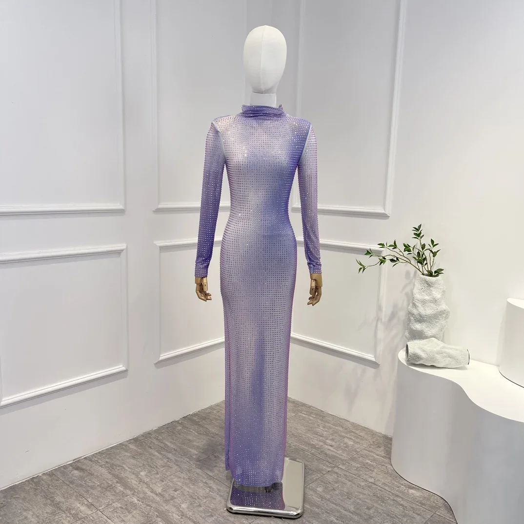 

2025 New Purple Light Violet Spring Summer Luxury High Quality Turtleneck Long Sleeve Diamonds Woman Dress