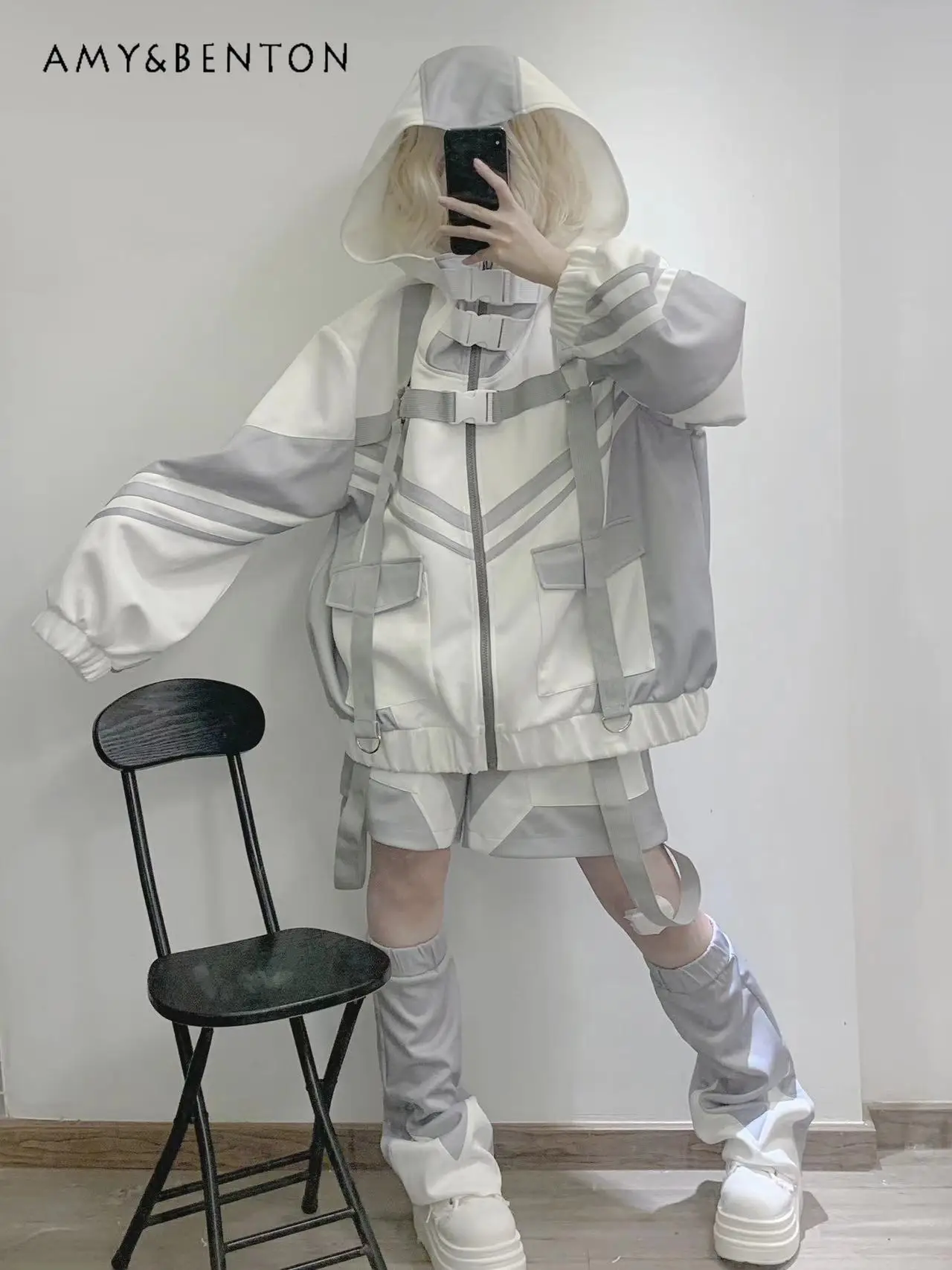 Original Subculture Gothic Hooded Oversized Sportswear Jacket Shorts Sets Japanese Mine Series Two-dimensional Y2K Two-piece Set